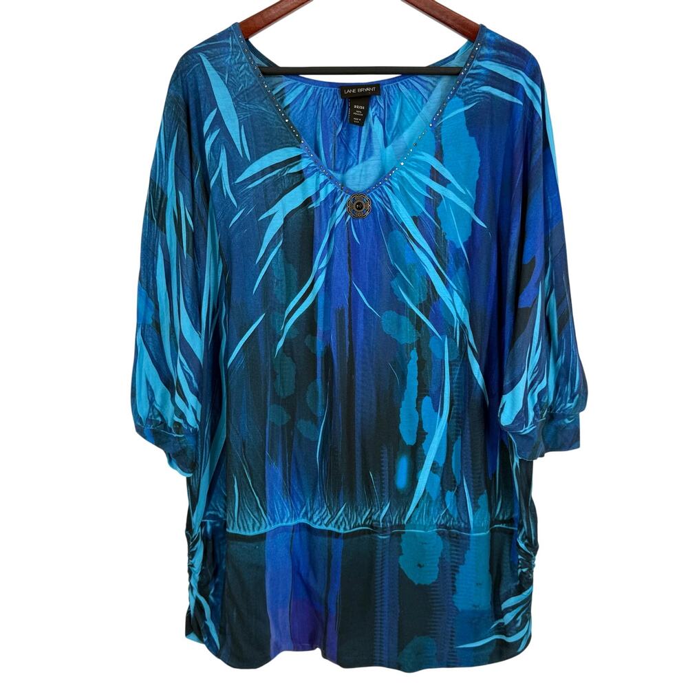Lane Bryant Plus Size 22/24 Blue Tropical Wearable Art Artsy Blouse Shirt Top
